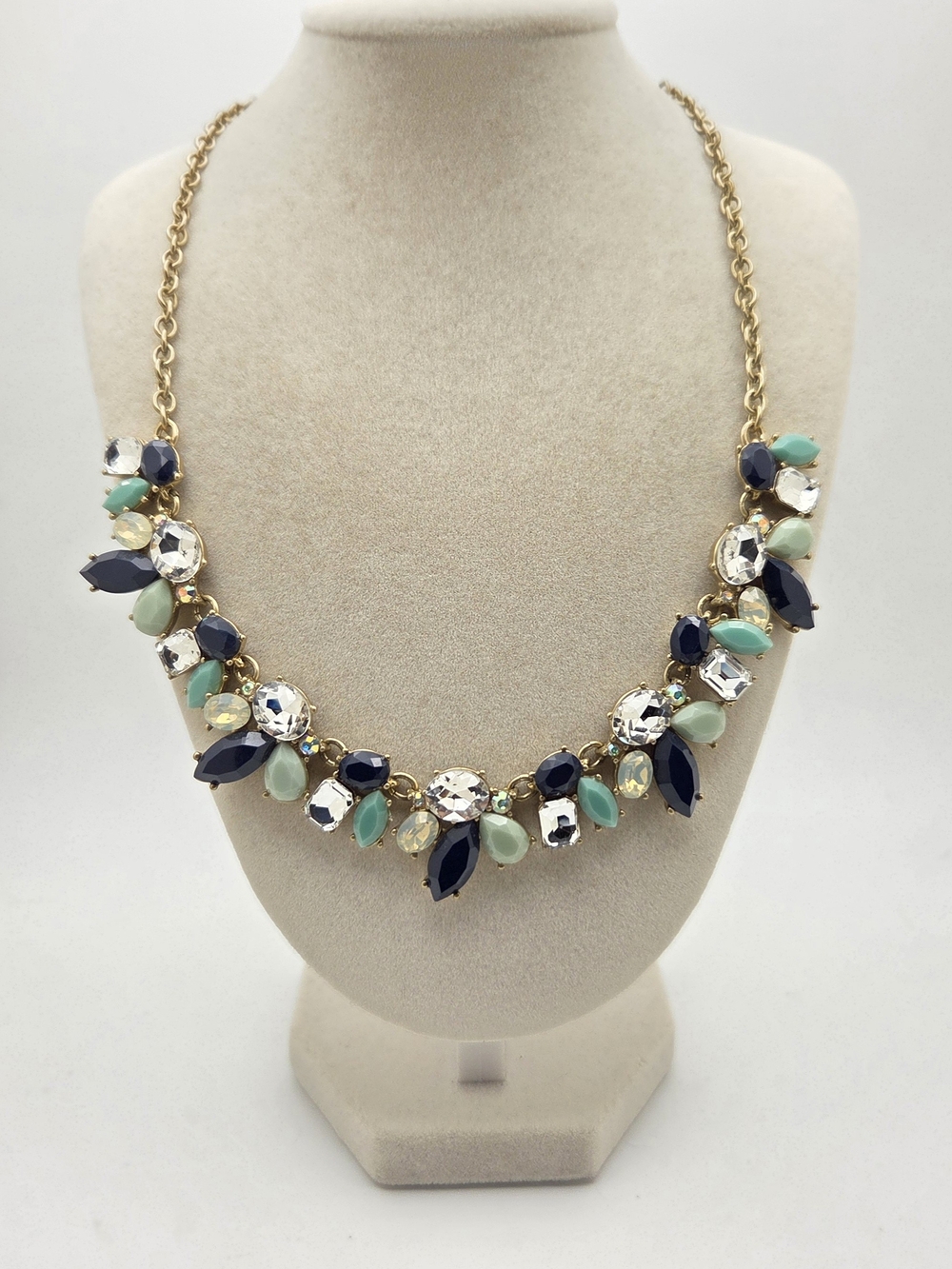 J. Crew Gold Tone Statement Necklace with Blue & Mint Rhinestones